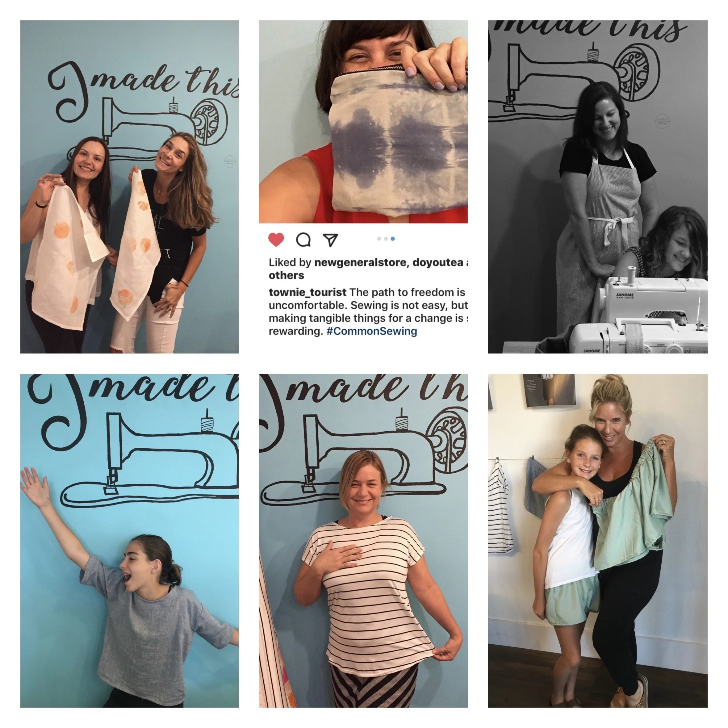 Common Sewing students showing off their beginner sewing projects