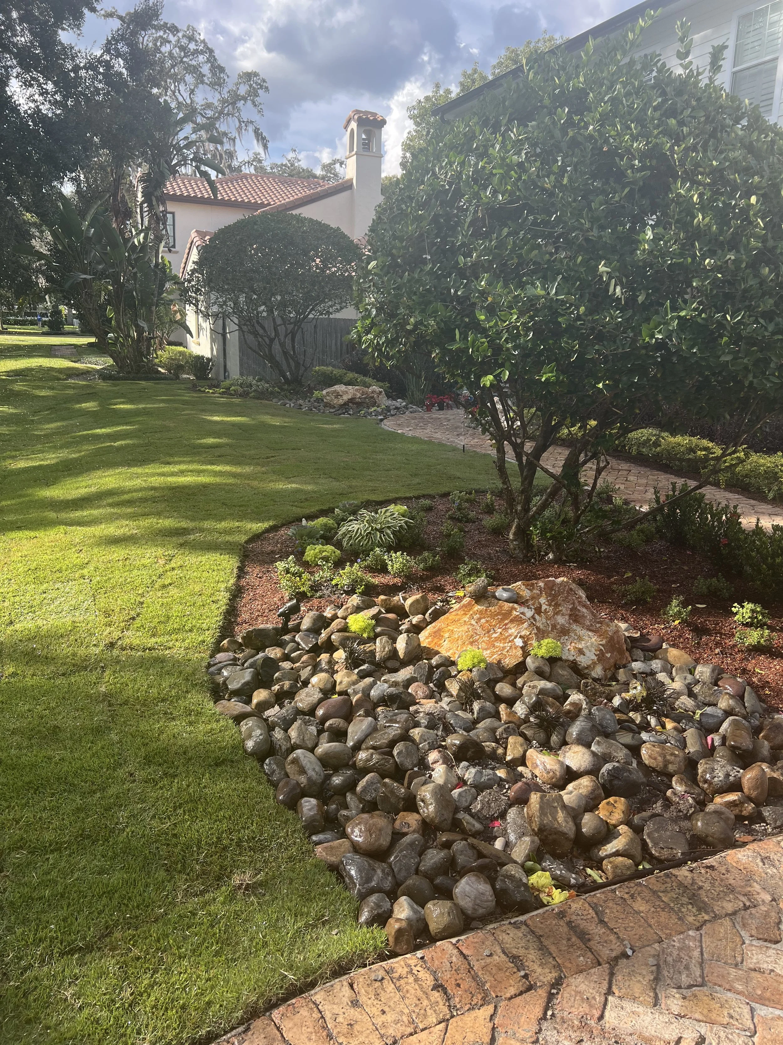 WInter Park Landscape Installation and renovation at 1411 Place Picardy including CitraZoy Zoysia Sod Installation which is watered by a irrigation make over that includes conversion over to Hunter MPR's .   RockBed Landscape Make over . All work com