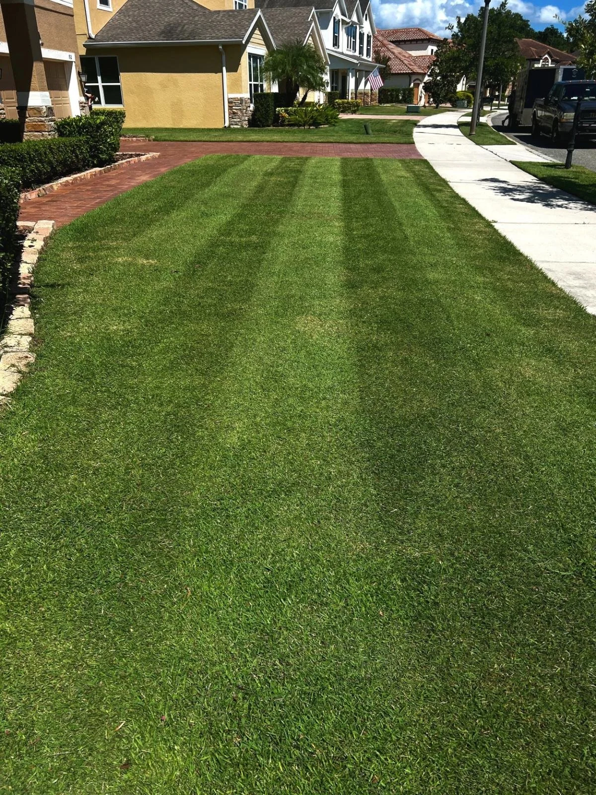 Well-maintained front yard with freshly mowed green grass, bordered by brick and stone edging, leading to the sidewalk and houses in a suburban neighborhood.