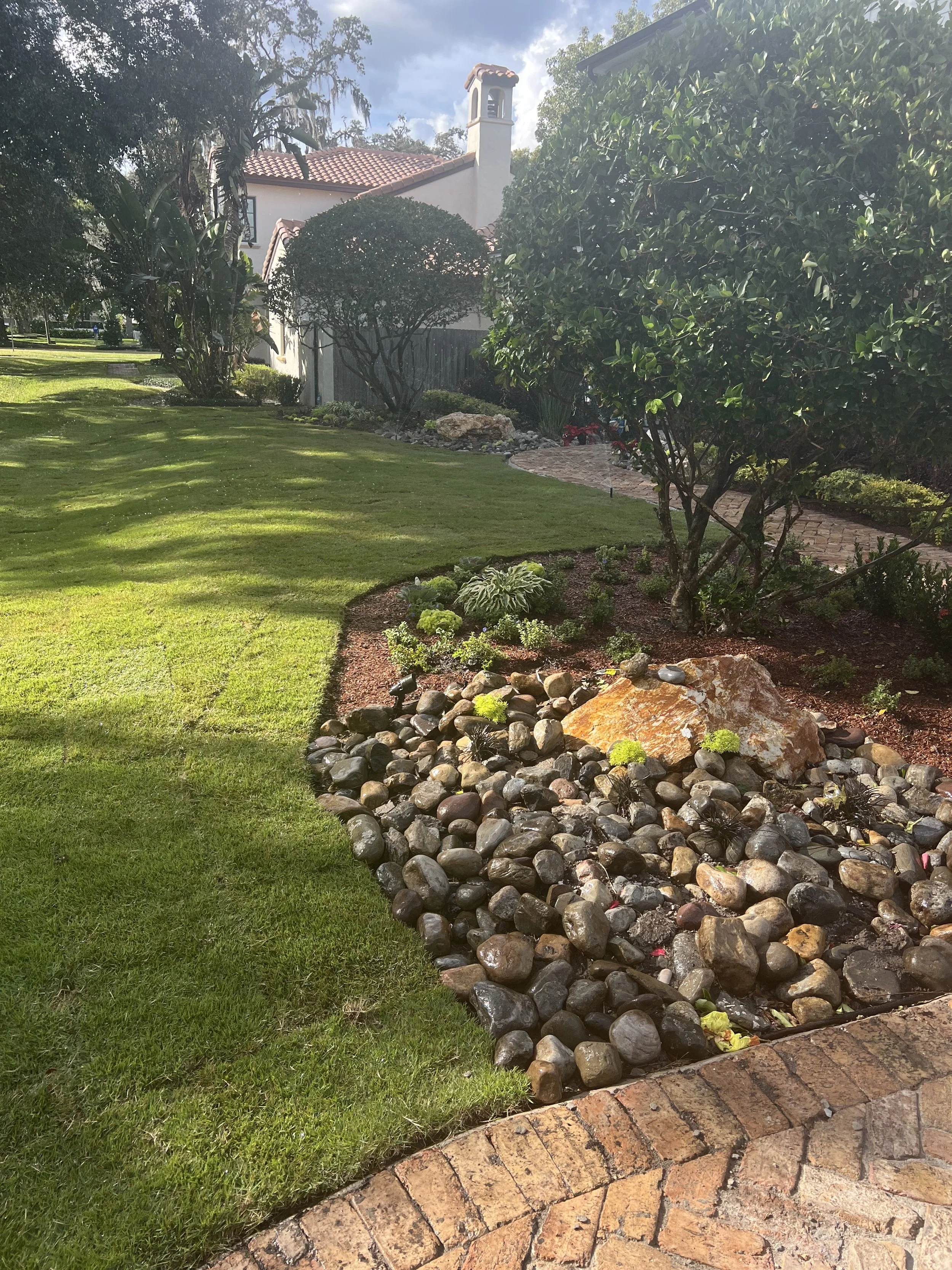 WInter Park Landscape Installation and renovation at 1411 Place Picardy including CitraZoy Zoysia Sod Installation which is watered by a irrigation make over that includes conversion over to Hunter MPR's .   RockBed Landscape Make over . All work com