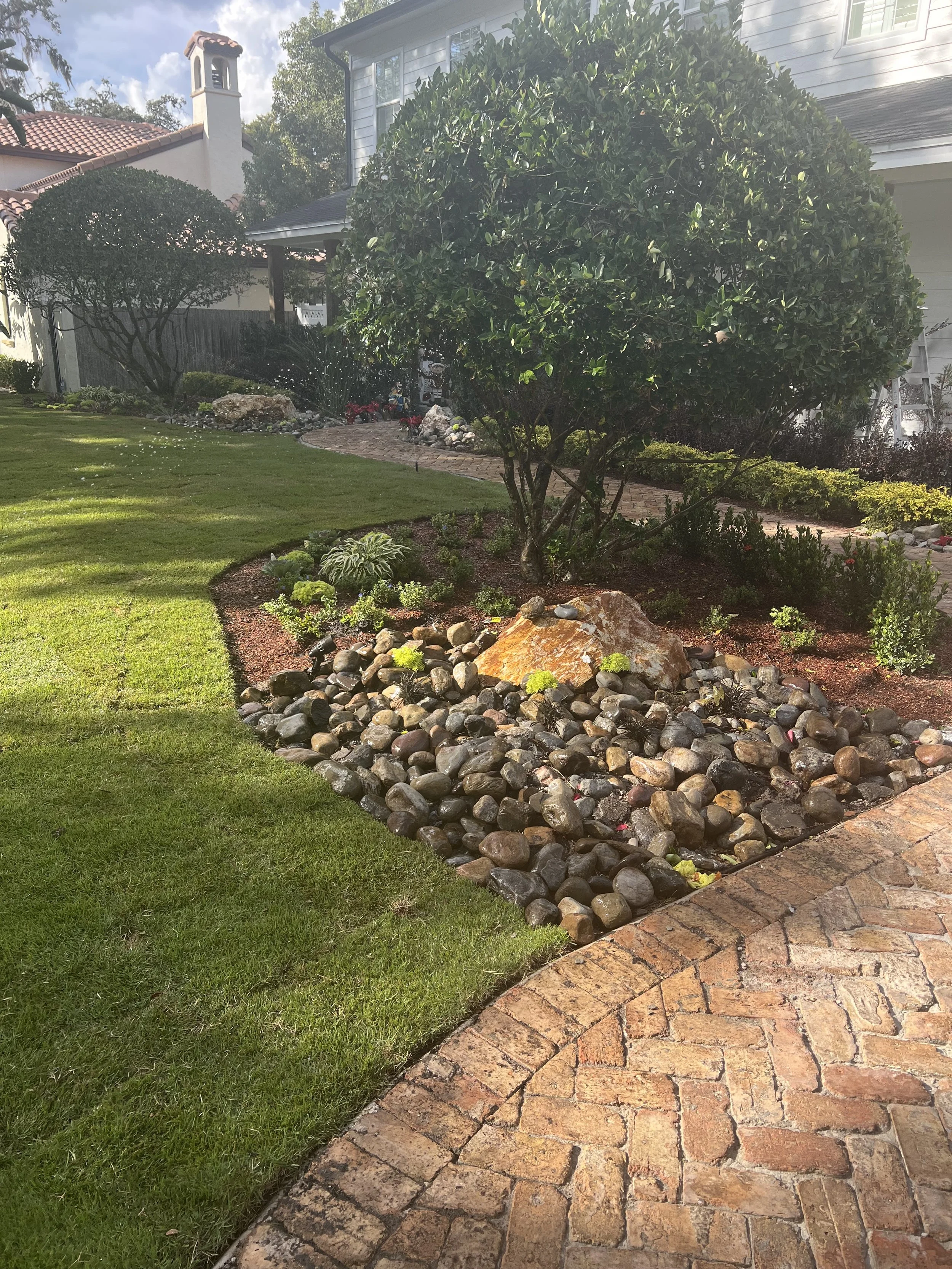 WInter Park Landscape Installation and renovation at 1411 Place Picardy including CitraZoy Zoysia Sod Installation which is watered by a irrigation make over that includes conversion over to Hunter MPR's .   RockBed Landscape Make over . All work com