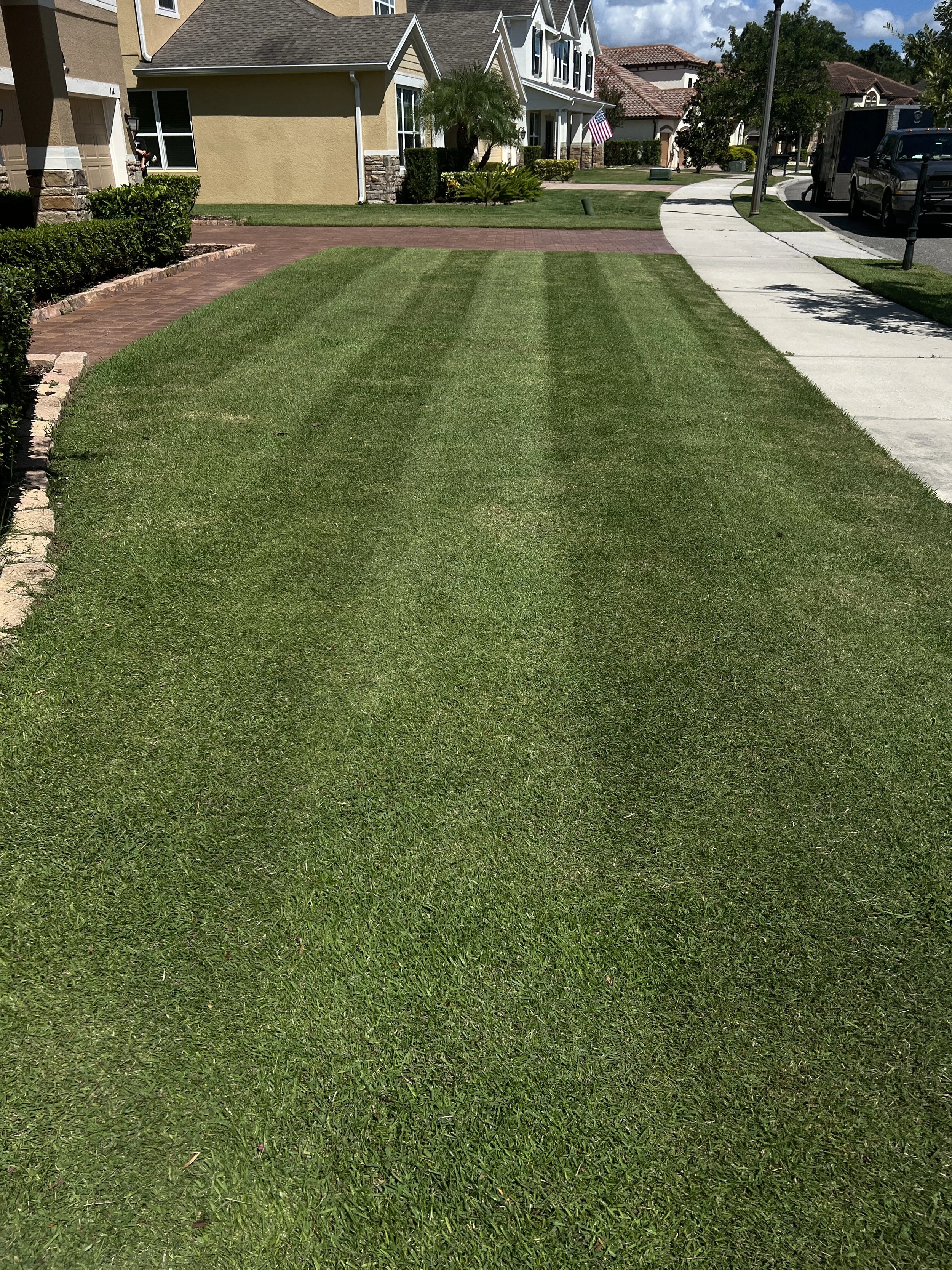 Well-maintained front yard with green grass, bordered by a brick path on the left and a concrete sidewalk on the right, in a suburban neighborhood with houses, trees, and parked cars in the background.