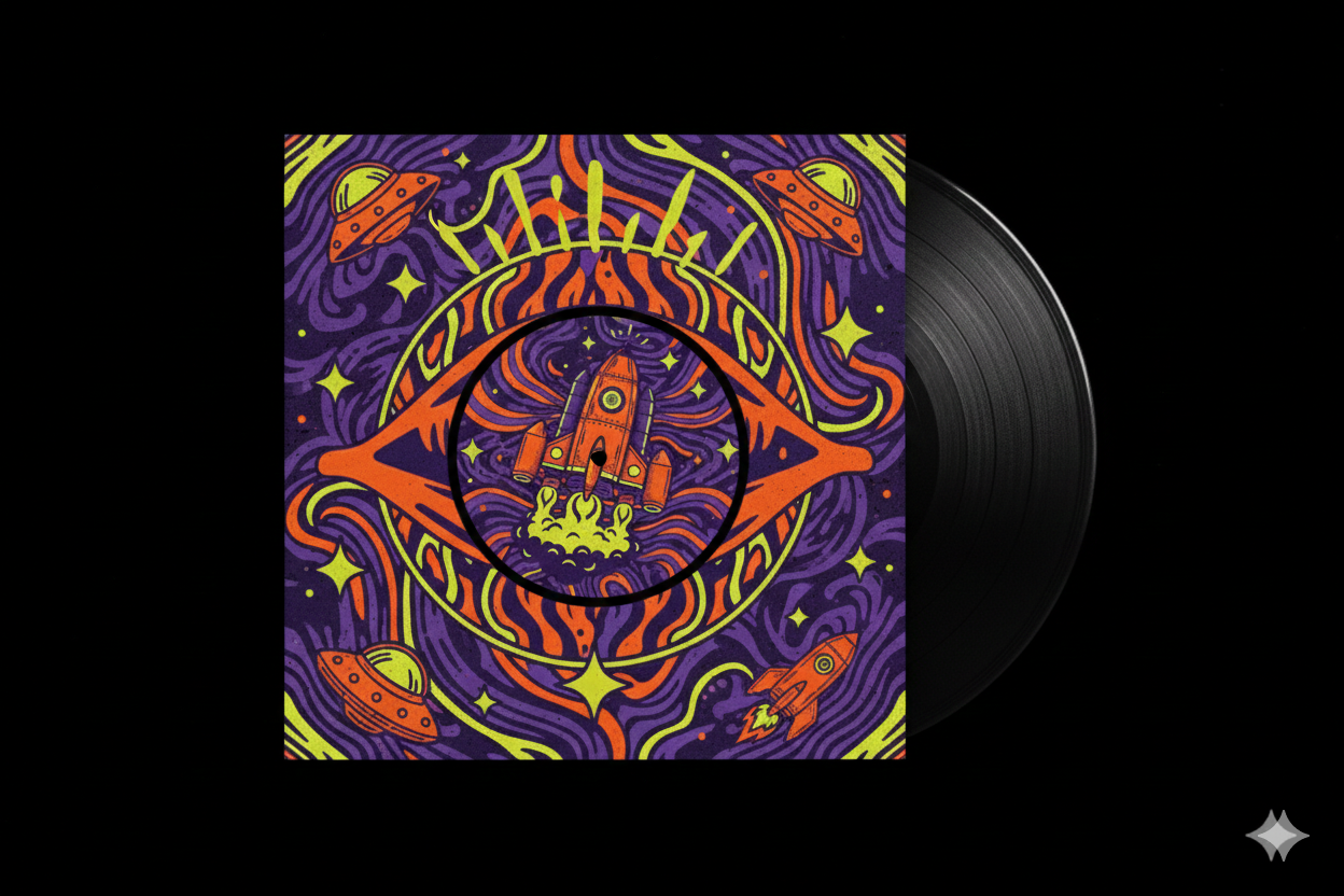 A vinyl record with colorful, psychedelic space-themed album cover art featuring rockets, UFOs, a large eye, stars, and swirling patterns in orange, purple, yellow, and black.
