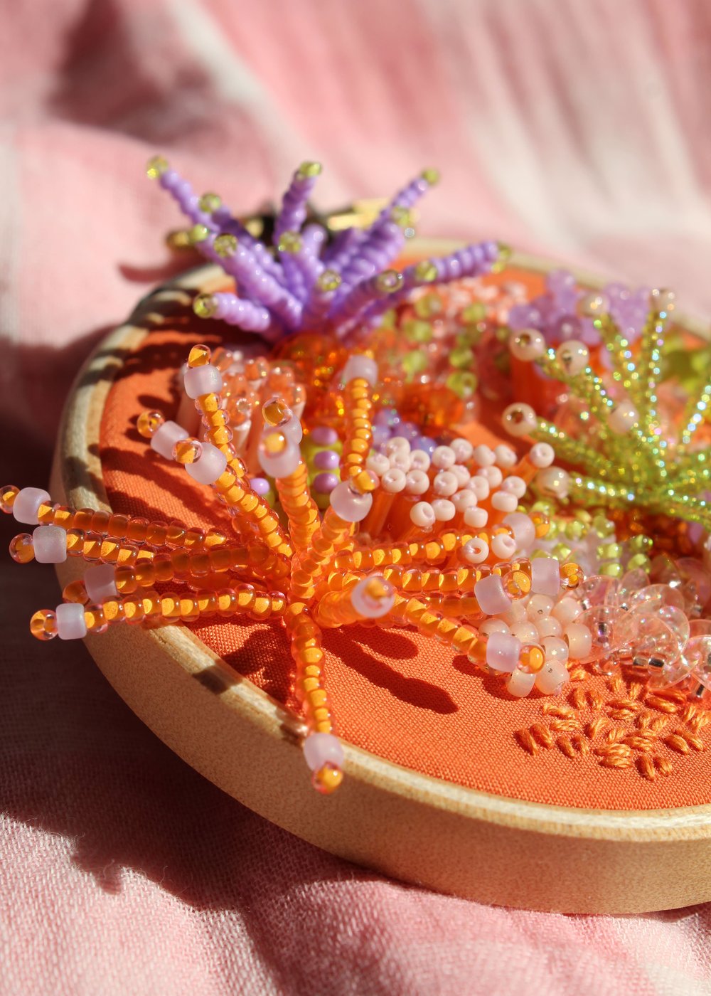 orange, 3D beaded and embroidered coral hoop — imogen melissa