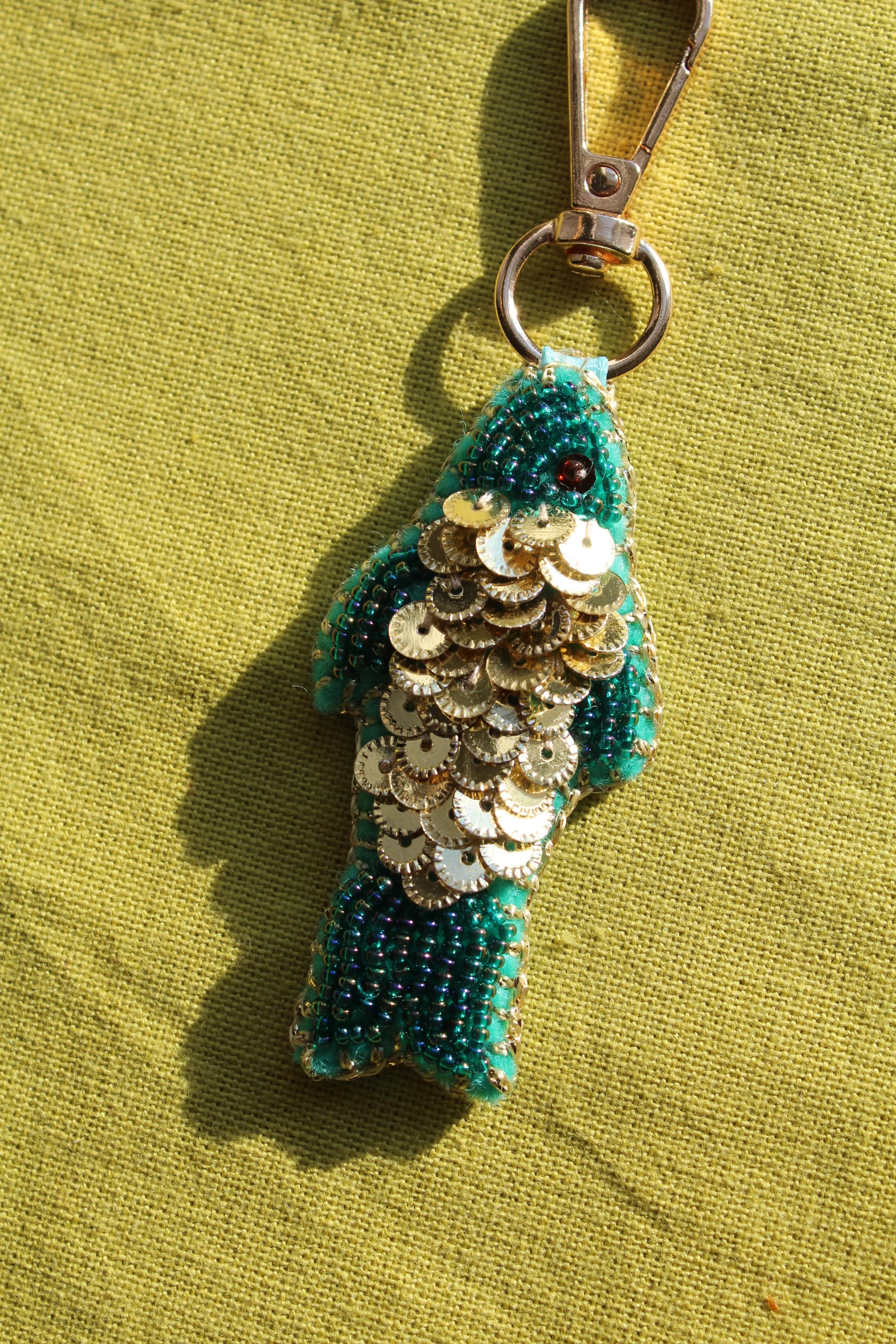 Turquoise & Gold Fish Beaded Charm