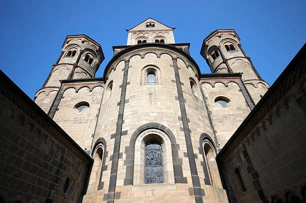  Maria Laach Abbey build in 12th century. the Abbey is situated on the shore of the Laacher See (Lake Laach), near Andernach, in the Eifel region of the Rhineland-Palatinate in Germany. - Abtei Maria Laach erbaut im 12. Jahrhundert im romanischem Bau