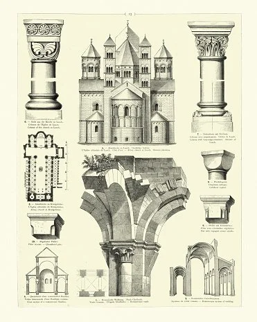  Vintage engraving of examples of Romanesque architecture. Maria Laach Abbey,  Benedictine abbey situated on the southwestern shore of the Laacher See (Lake Laach), near Andernach, in the Eifel region of the Rhineland-Palatinate in Germany. 