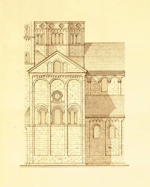  Antique 19th-century engraving depicting side view of Maria Laach Abbey in Germany. Illustration published in Vergleichende Architektonische Formenlehre by Carl Scholtze, Leipzig, Germany (1877). 