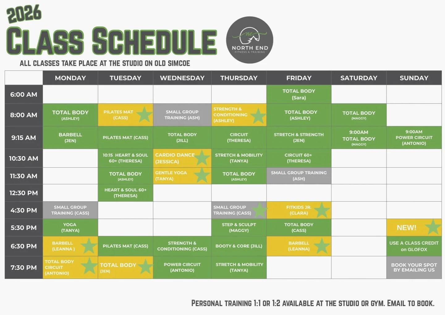 Our 2026 Fitness Class Schedule is here!! 🎉🎉

And with almost 40 classes to choose from, there is truly something for EVERYONE. 

North End Fitness Studio has stayed true over the past 6 years. Yes, we said SIX! 😵 

It remains a non-judgmental and