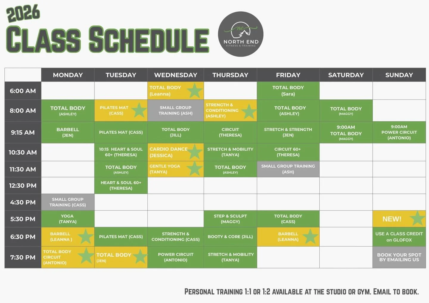 The 2026 Fitness Class Schedule is here!! 🎉🎉

And with almost 40 classes to choose from, there is truly something for EVERYONE. 

As always, book on the GloFox app. 🦊 

See you in studio! 💚