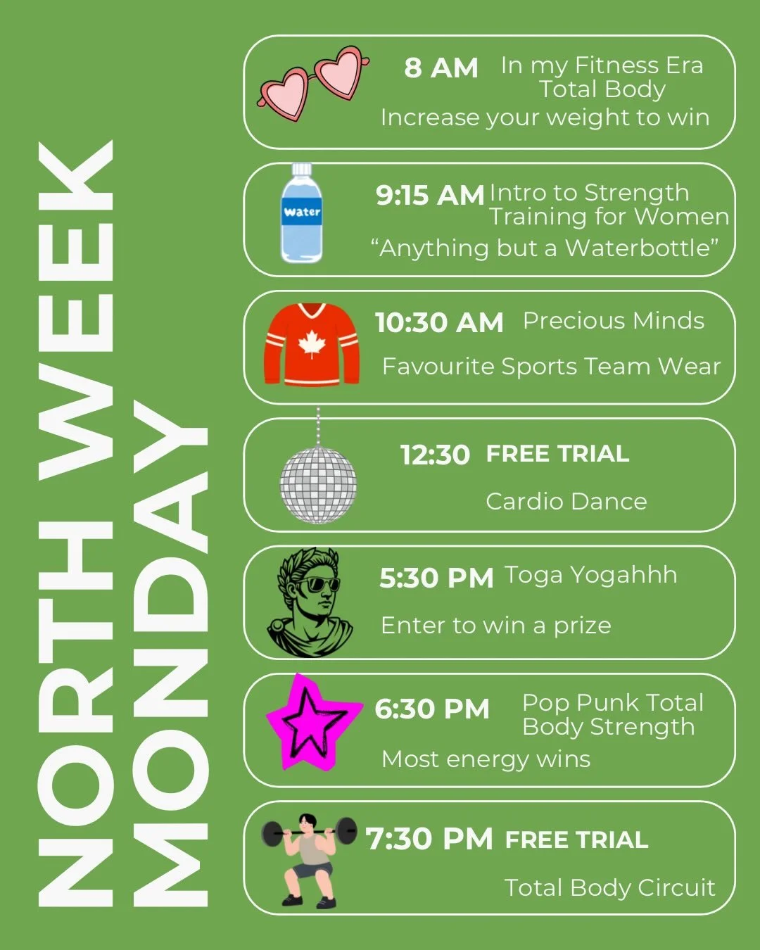 Swipe for your NORTH WEEK class schedule 🎉

💫 March 9-15 at the studio 💫 

Buckle up for an Orientation/Member Appreciation Event like no other. 💃 🪩 🇨🇦 ✌️ 🎸 🌺 🧑&zwj;🎄 🤠 🧘&zwj;♀️