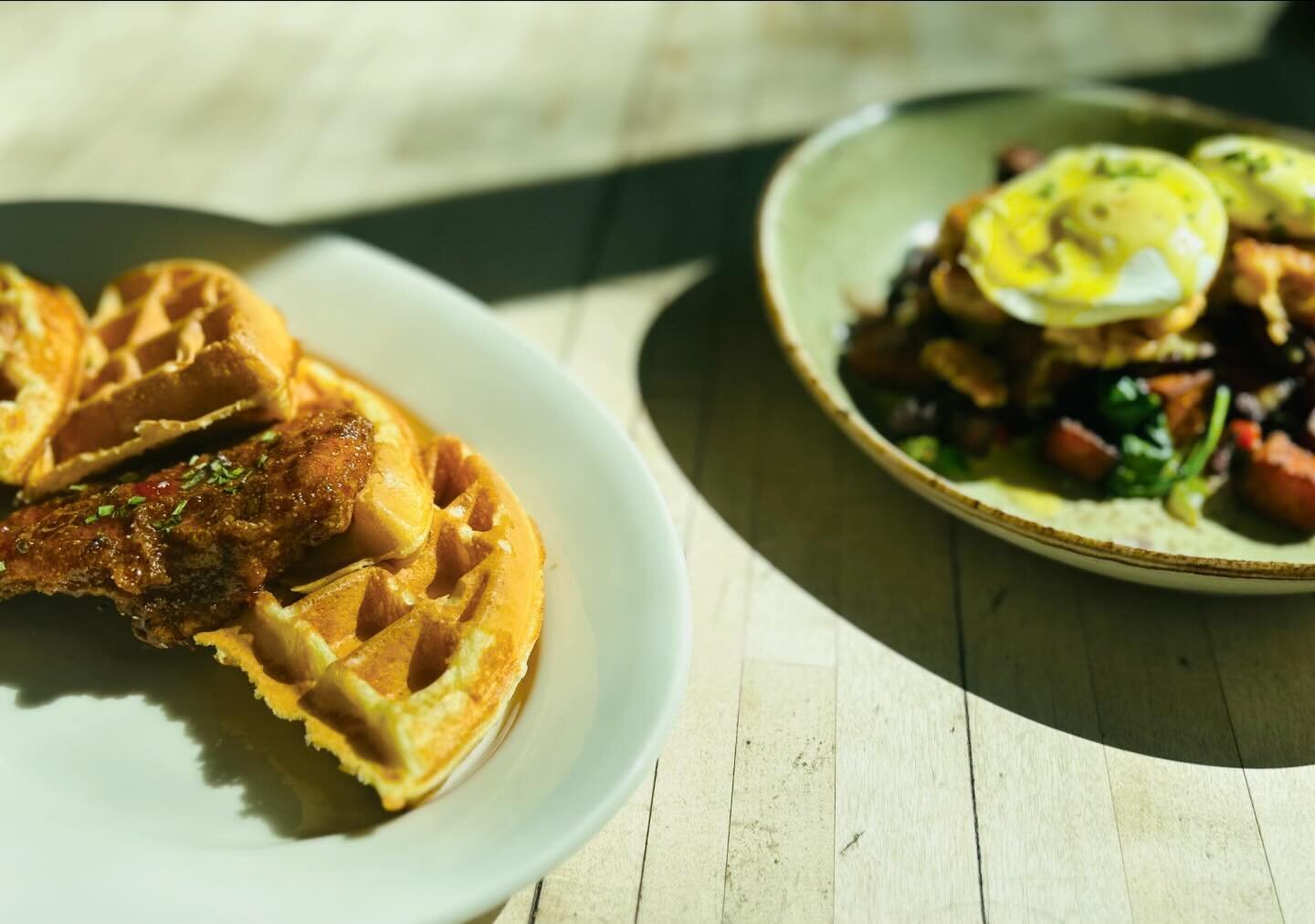 Specials this weekend! Chicken &amp; Waffles, with bourbon-sweet chili sauce. Salmon Cake Hash, with sweet potatoes, spinach, bell peppers, onions, poached eggs, hollandaise. 
#westeggcafe but call us #westegg #brunch #brunchatl #brunchatlanta #atlbr