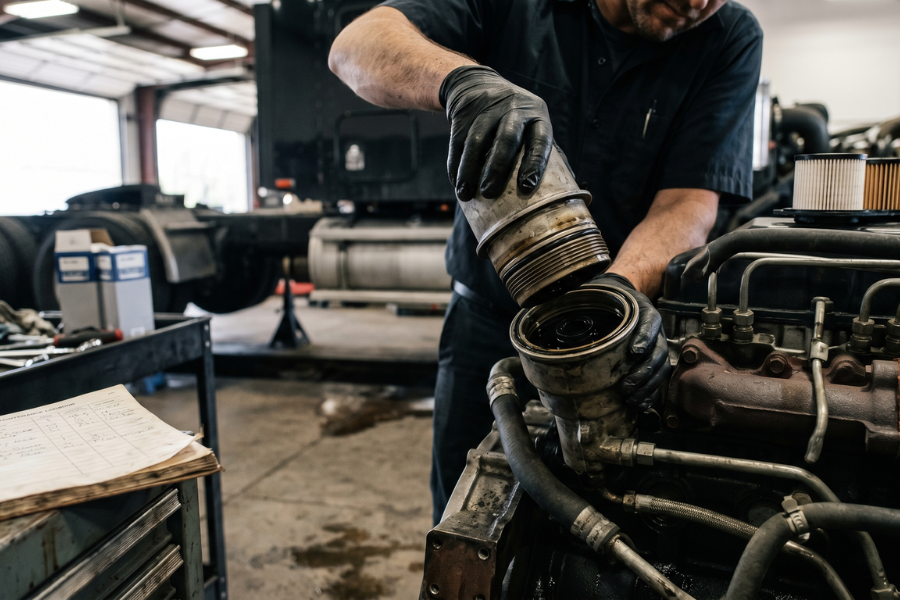 A mechanic wearing black gloves changes a cylindrical oil filter on a heavy-duty diesel truck engine inside a bright maintenance garage, with a service logbook visible in the foreground.
