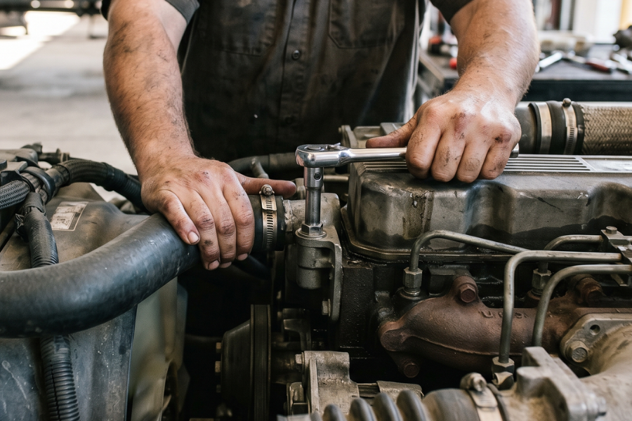 Close-up of a mechanic's hands performing preventive maintenance, holding a thick rubber hose and using a socket wrench to tighten a bolt on a large diesel engine block.