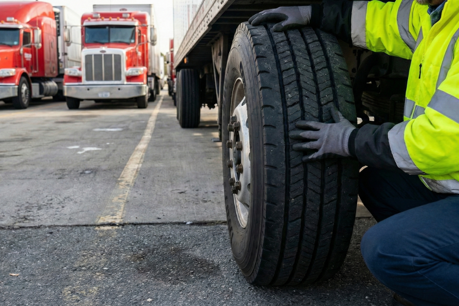 A commercial truck driver, framed from the neck down, wearing gloves and a high-visibility jacket, kneels to perform a pre-trip inspection on a semi-truck tire in a freight yard.