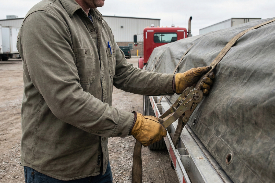 A flatbed truck driver wears work gloves and uses a ratchet strap to secure a tarp-covered load on a trailer, showing the skill and care involved in freight transportation.