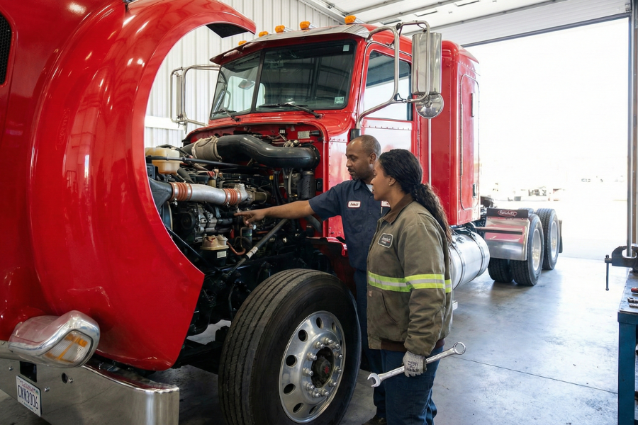 A male mechanic in a blue uniform points to the engine of a bright red Peterbilt truck, its hood open, while a female driver in a work jacket holds a wrench and looks on.