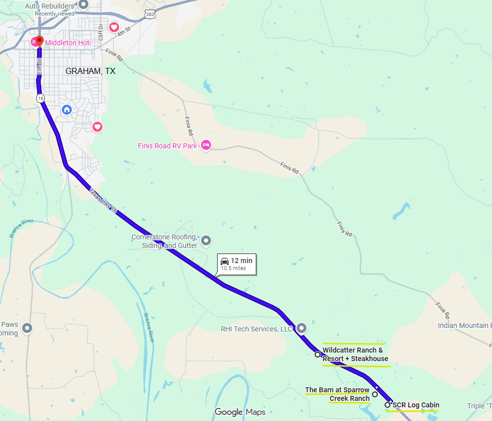 Google maps of the directions from Sparrow Creek Ranch wedding venue, to Wildcatter Ranch and Resort and then to Graham, TX showing how close these locations are for a convenient wedding weekend.
