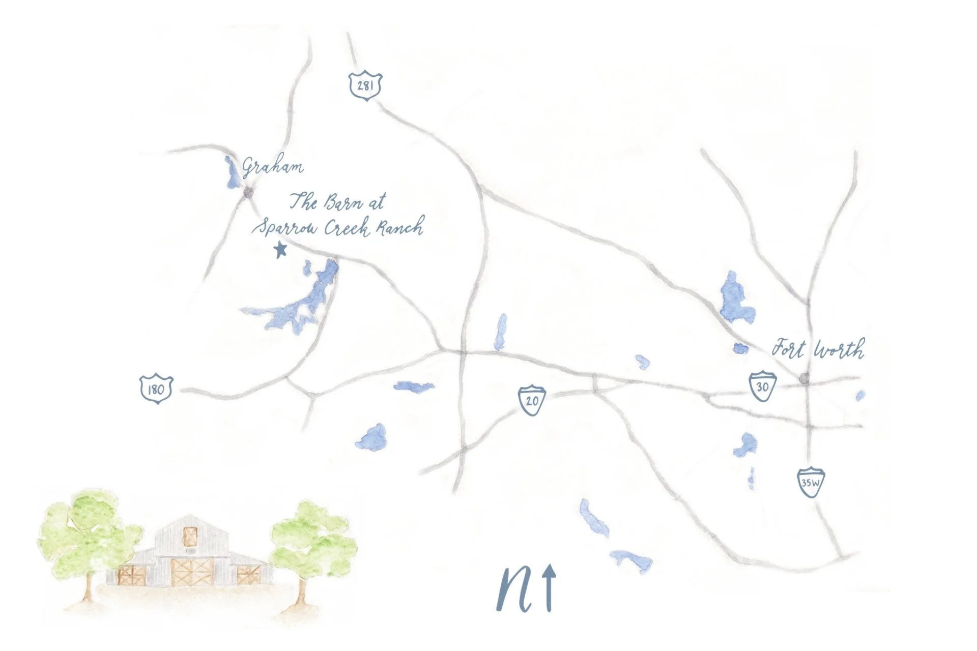 Water color map showing Sparrow Creek Ranch wedding venue in relationship to PK Lake, Wildcatter Ranch and Resort, Graham, TX and Fort Worth Texas.