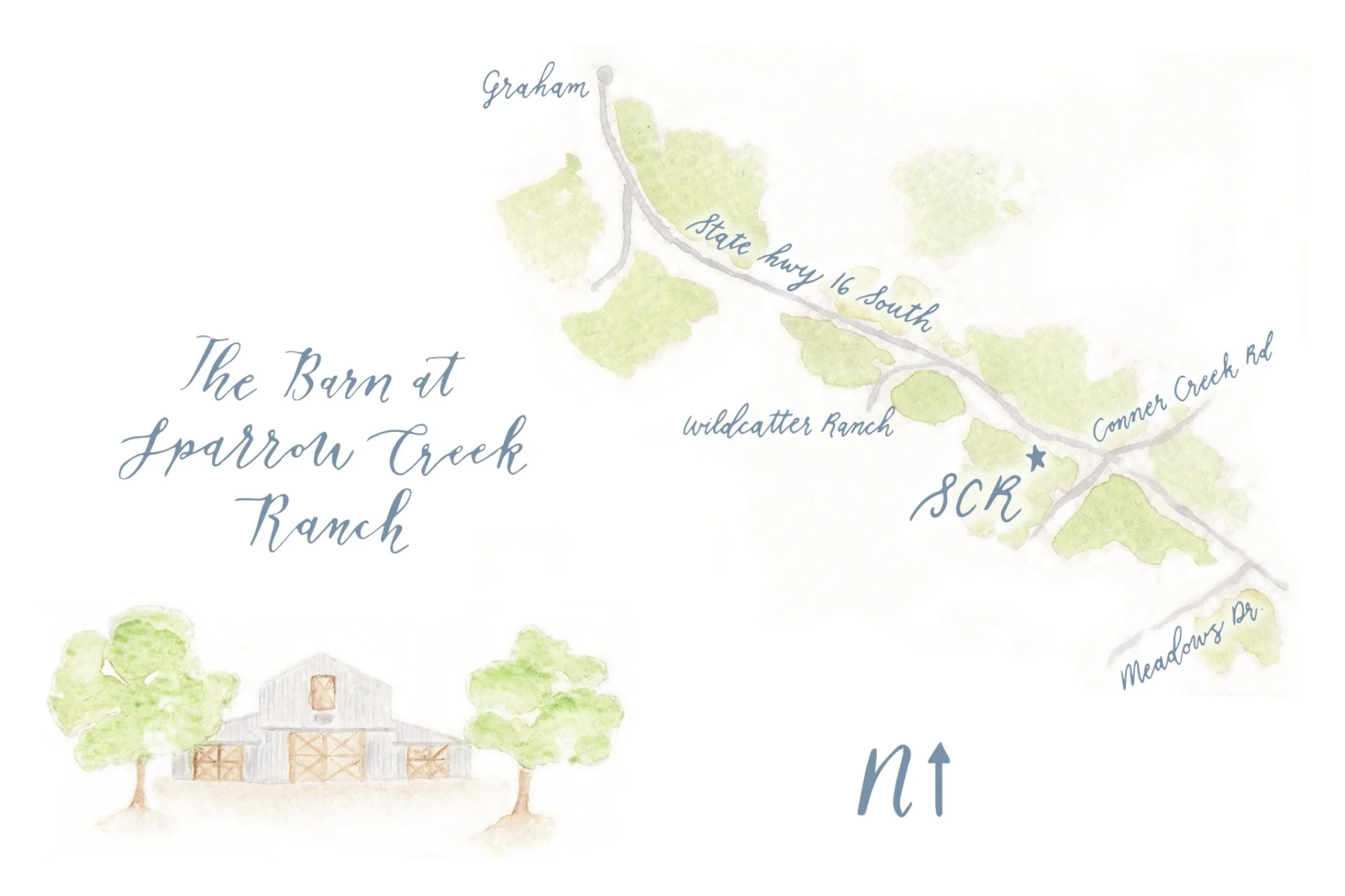 Map showing Sparrow Creek Ranch wedding venue in between Graham, TX and DFW right next to Wildcatter Ranch.