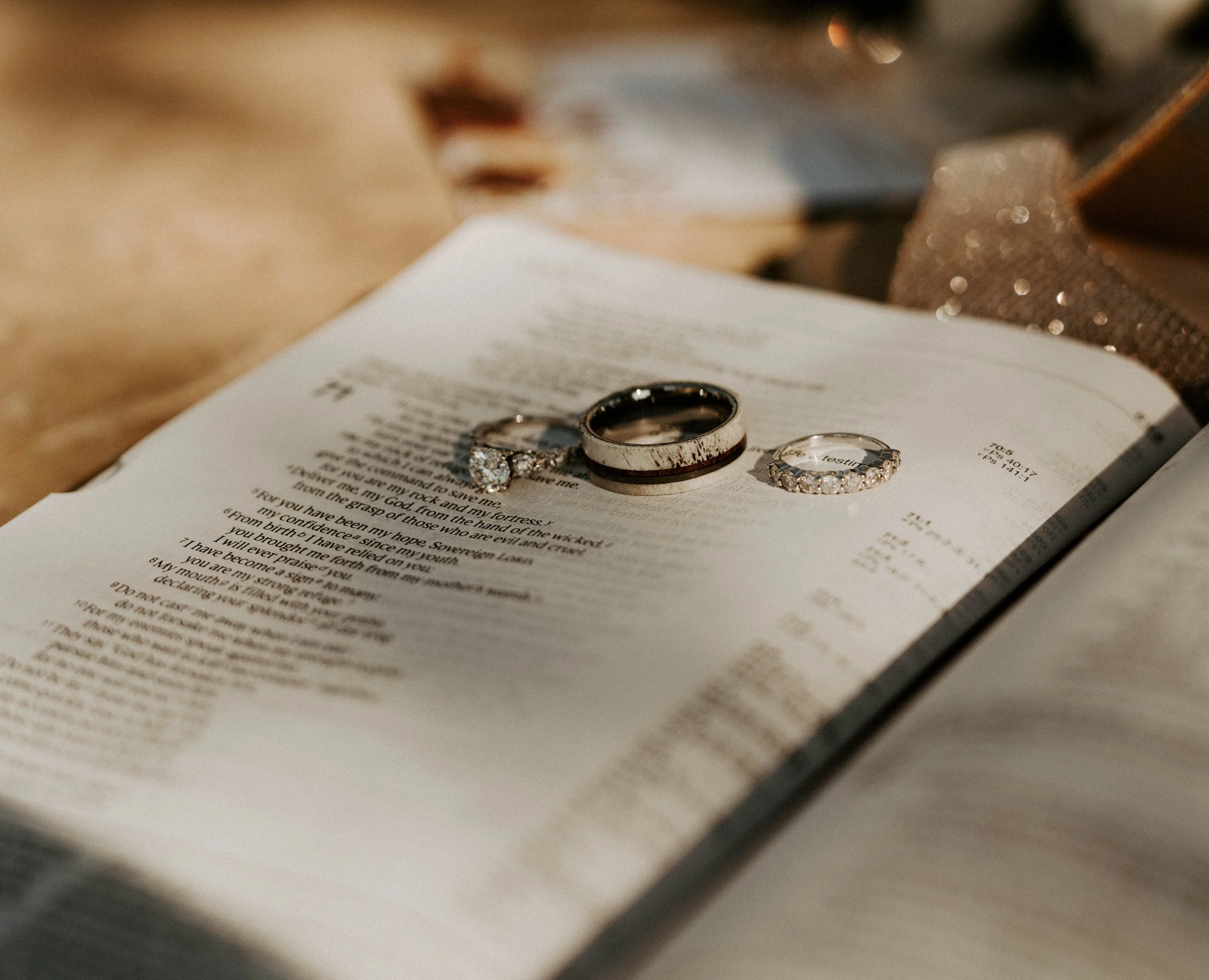 rustic wedding details photoshoot with rings and bible