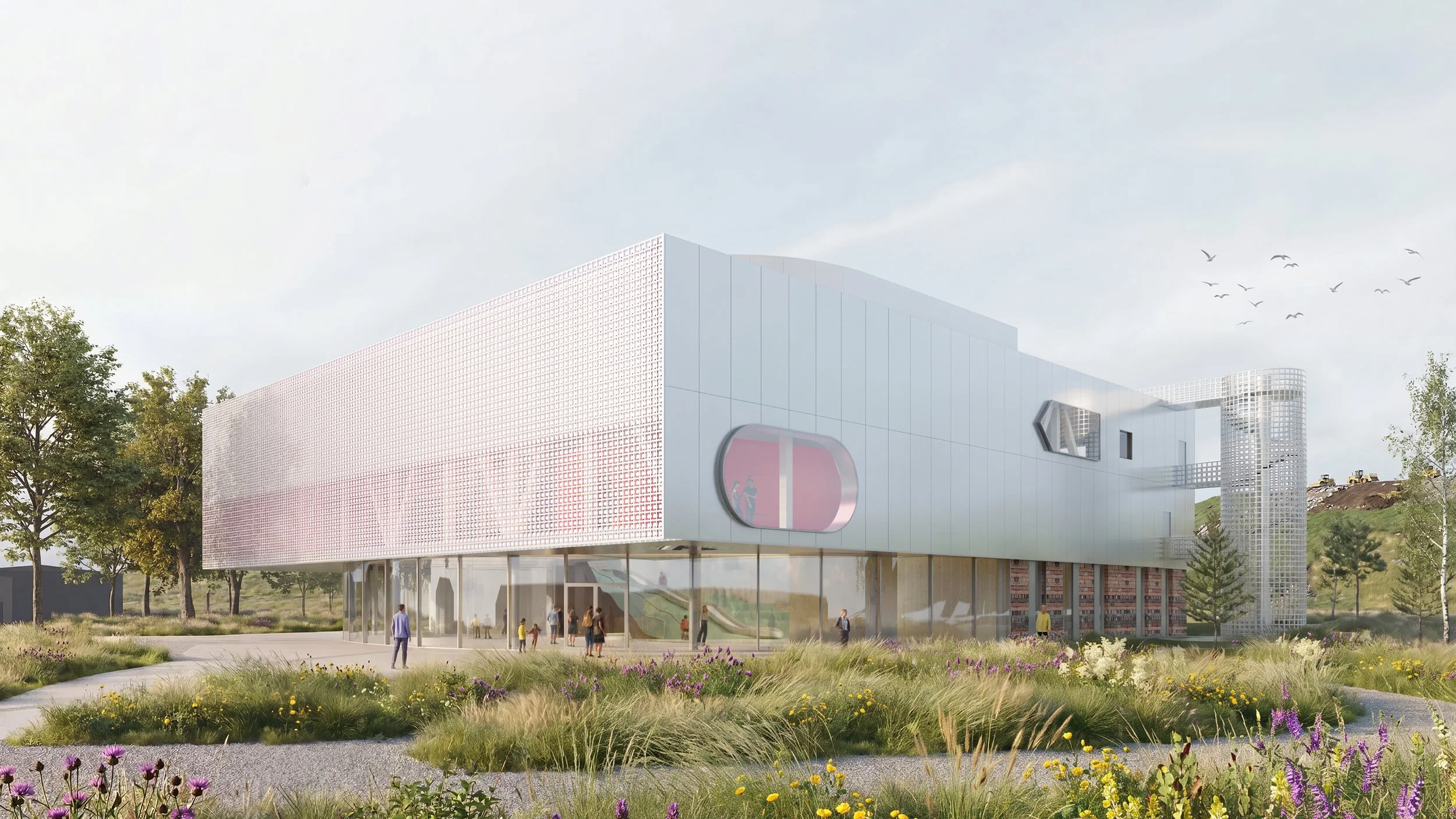 Exterior visualisation of the proposed Getlini EKO education centre, featuring a large LED-screen frontage, metal facade cladding, a glazed public ground floor and landscaped surroundings.