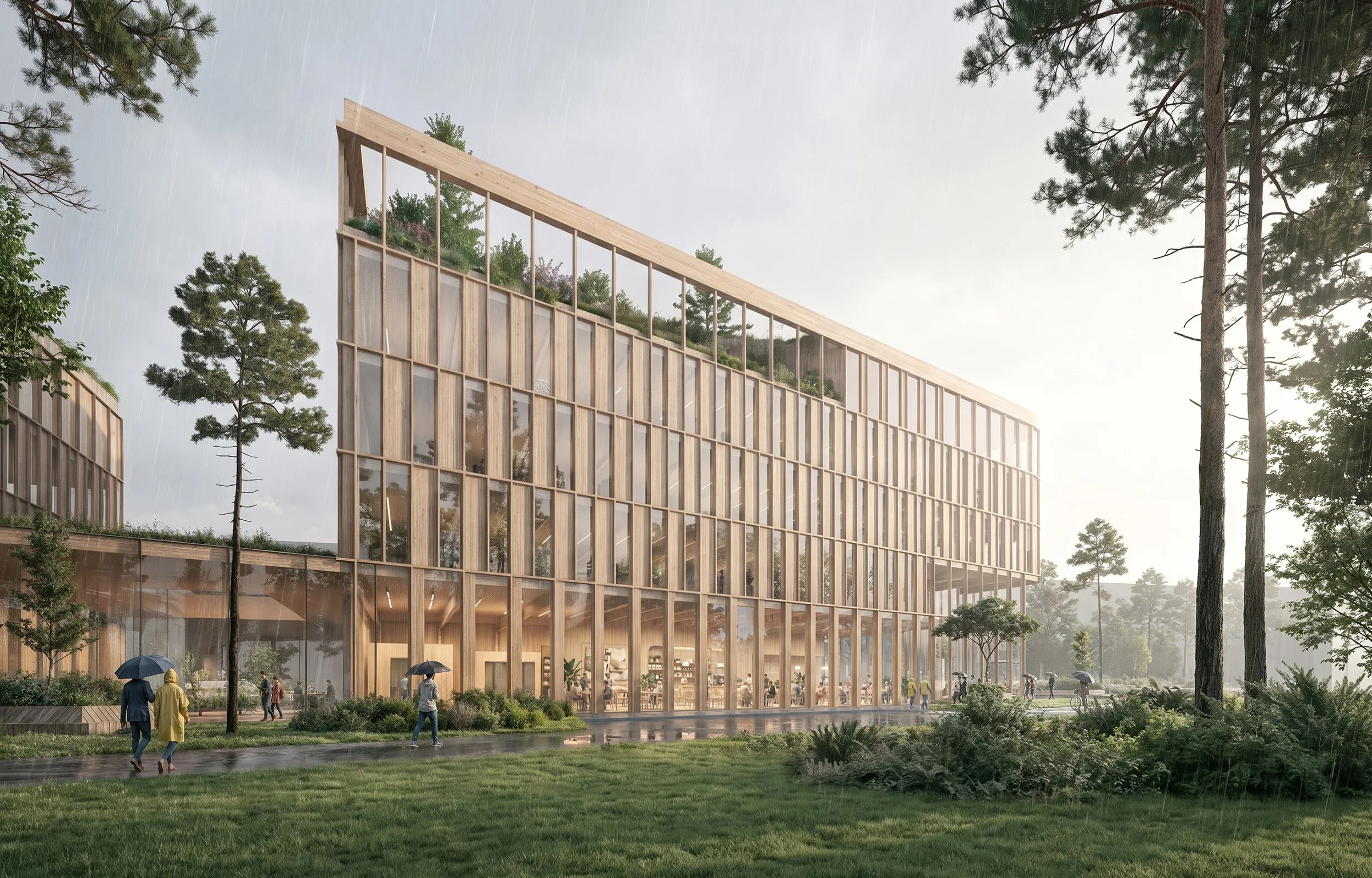 An architectural rendering of a modern building with wooden framework and glass walls, surrounded by green trees and people with umbrellas walking in the rain.
