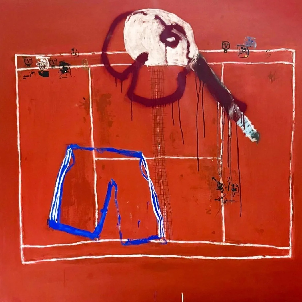 Mixed media artwork featuring a skull with a black line forming a smile, placed on a red background. There are drawn tennis court lines in white, with a blue geometric shape in the lower left corner. Additional small sketches and scribbles are scattered across the image.