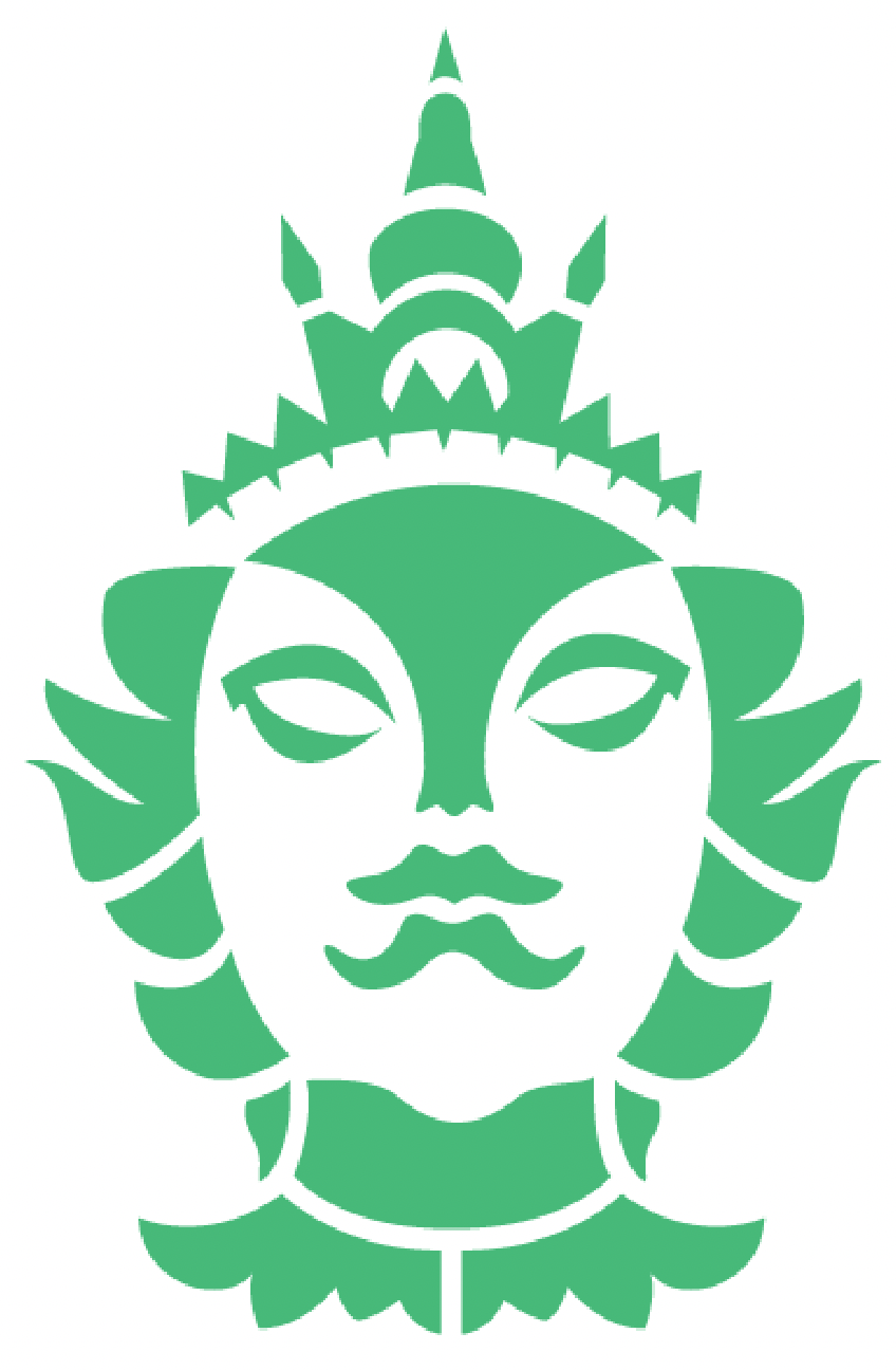 Green stylized illustration of a face with almond-shaped eyes, lips, and features resembling a deity or mythological figure, with an elaborate headdress.