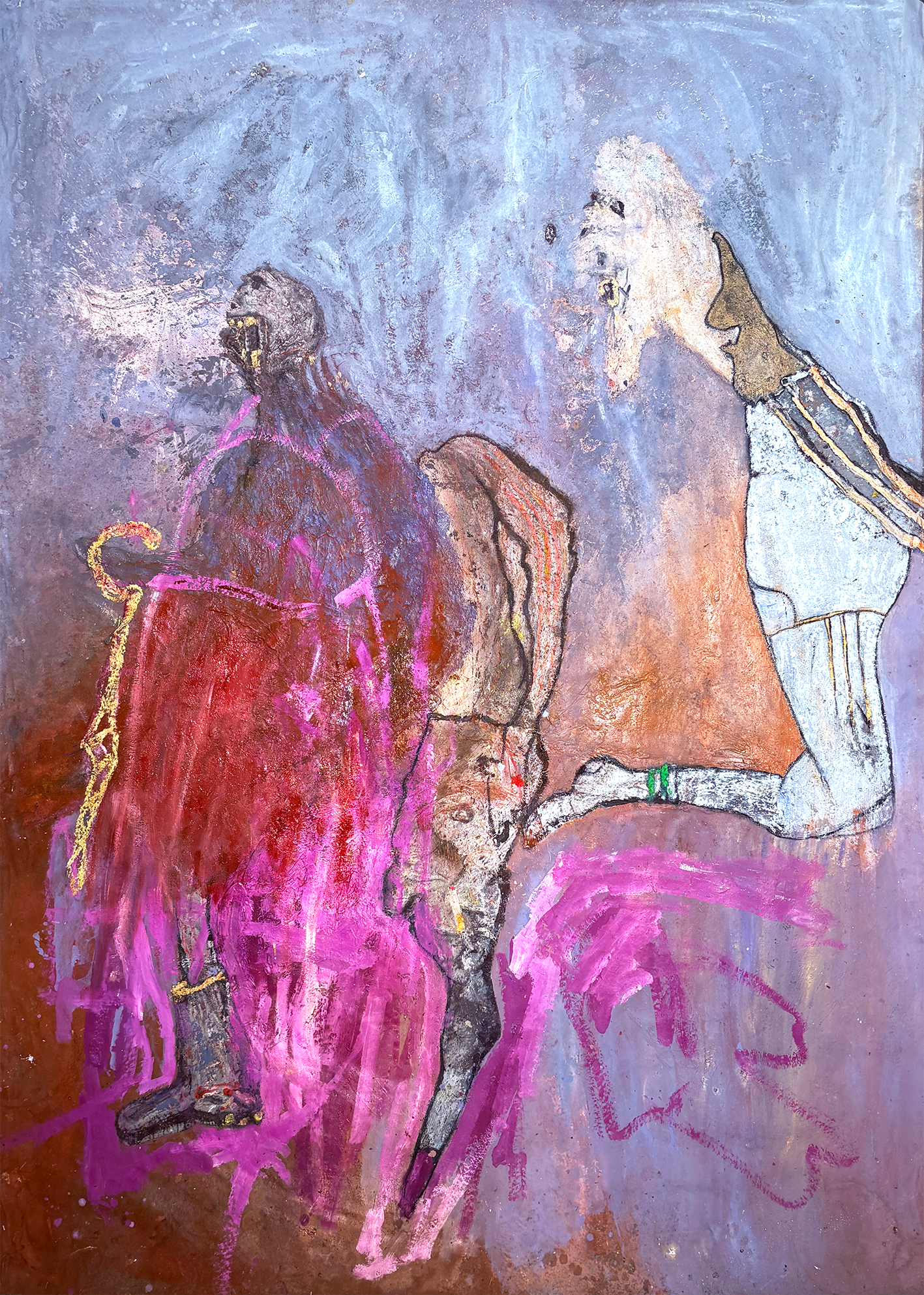 An abstract painting with two floating figures, one appears to be a sinister character with dark and purple tones, while the other is a lighter figure with white and beige colors, kneeling and holding a small animal, with pink accents on the ground.