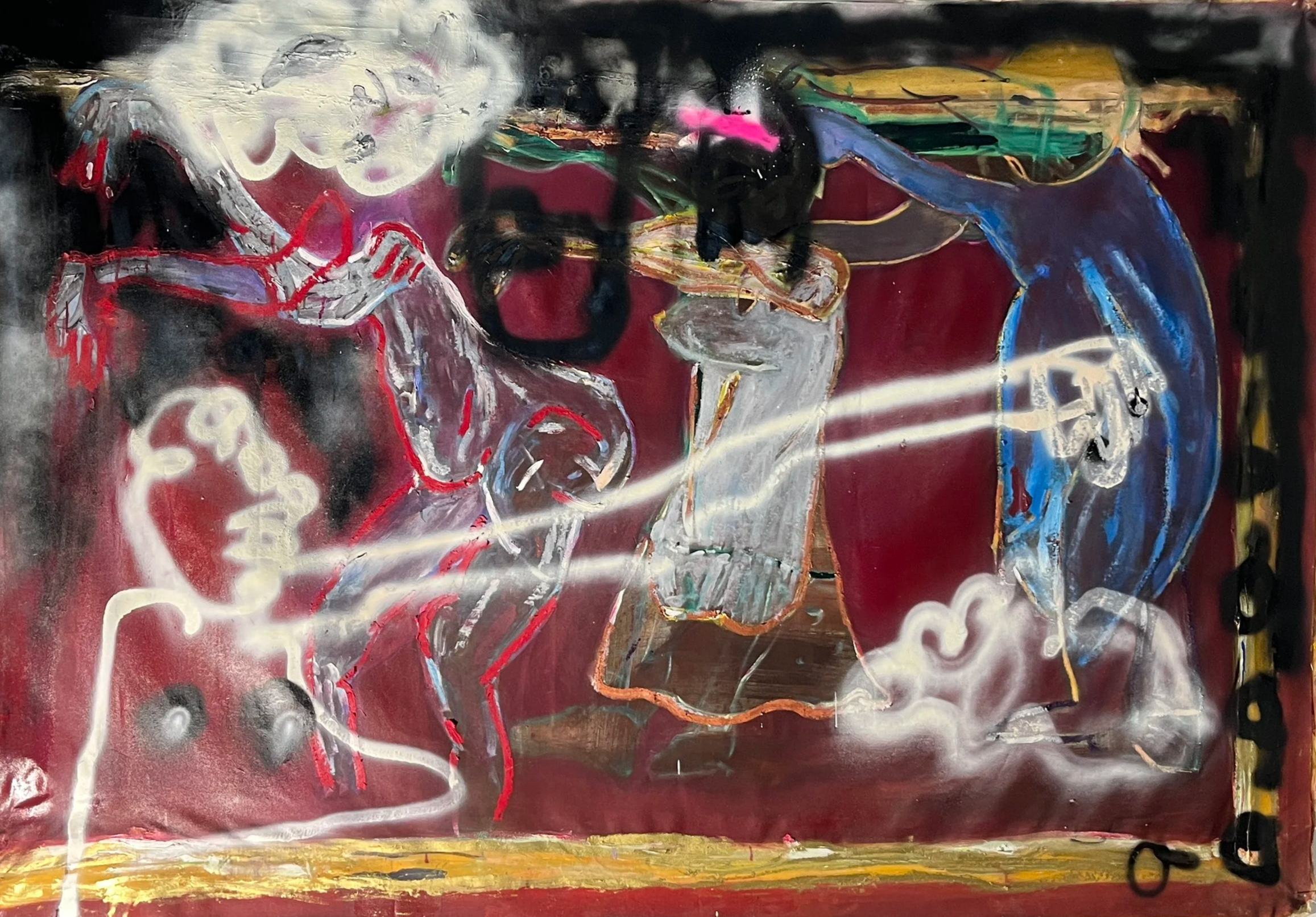 Abstract painting featuring a white horse on the left, a dark figure in center, with a large circular blue shape on the right, all set against a red background with various colors and scribbles.