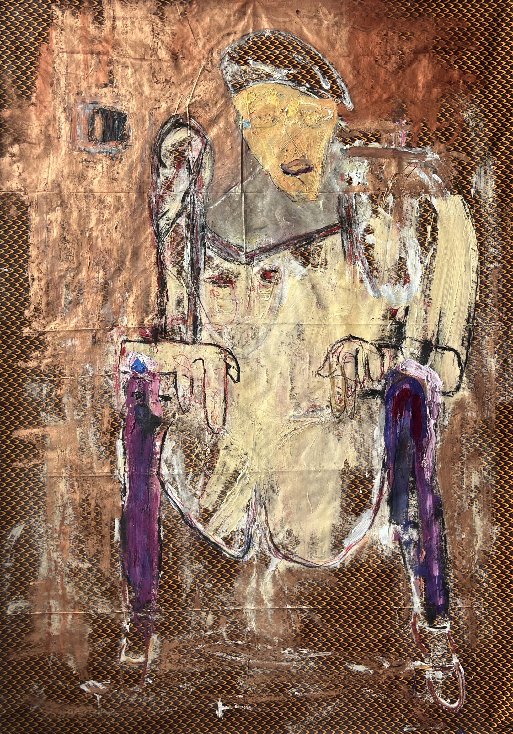 An abstract painting of a large woman with short hair, wearing a gray cap and with two smaller figures with dark hair and purple pants in front of her, on a textured brown background.