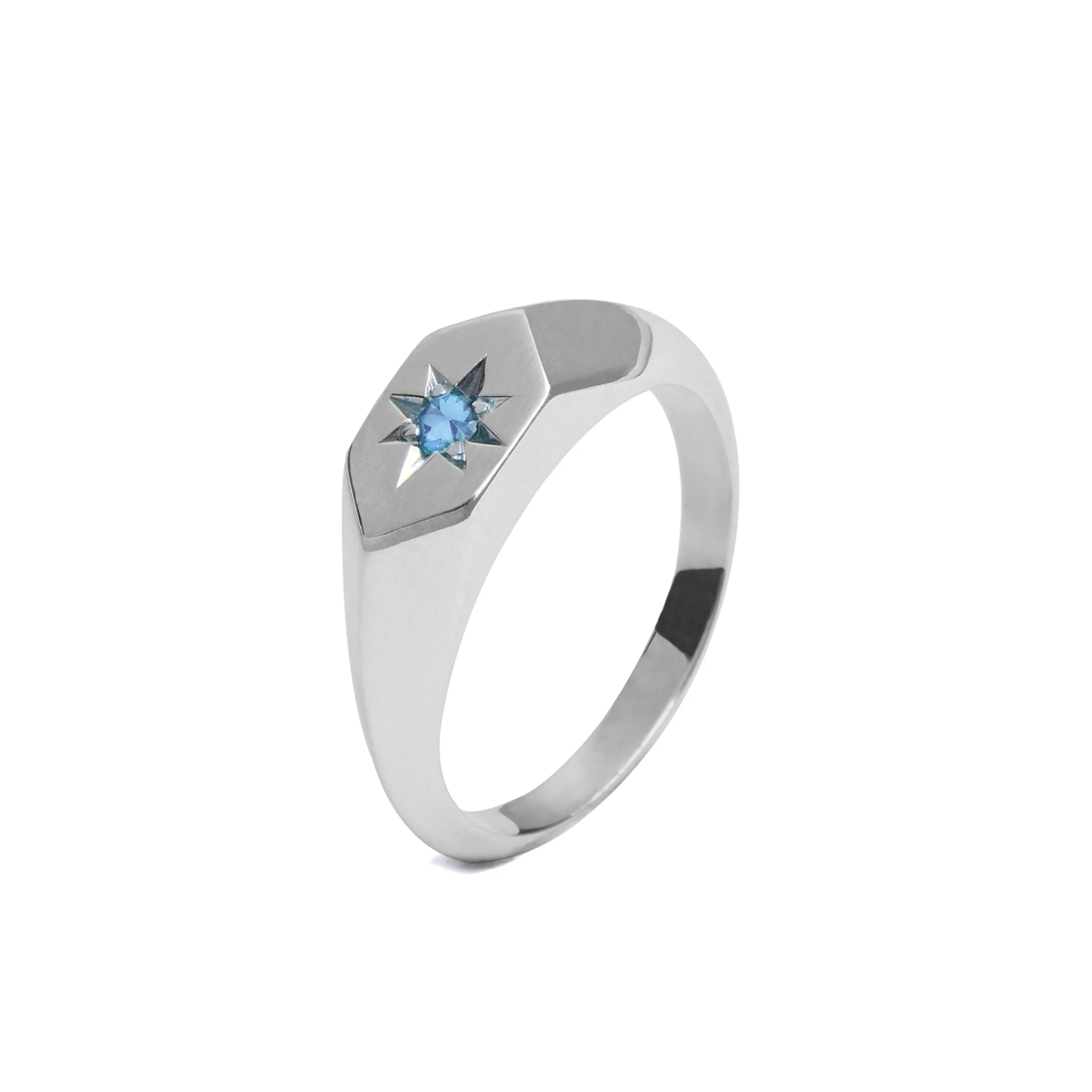 Starlight Blue Zircon Birthstone Signet Ring