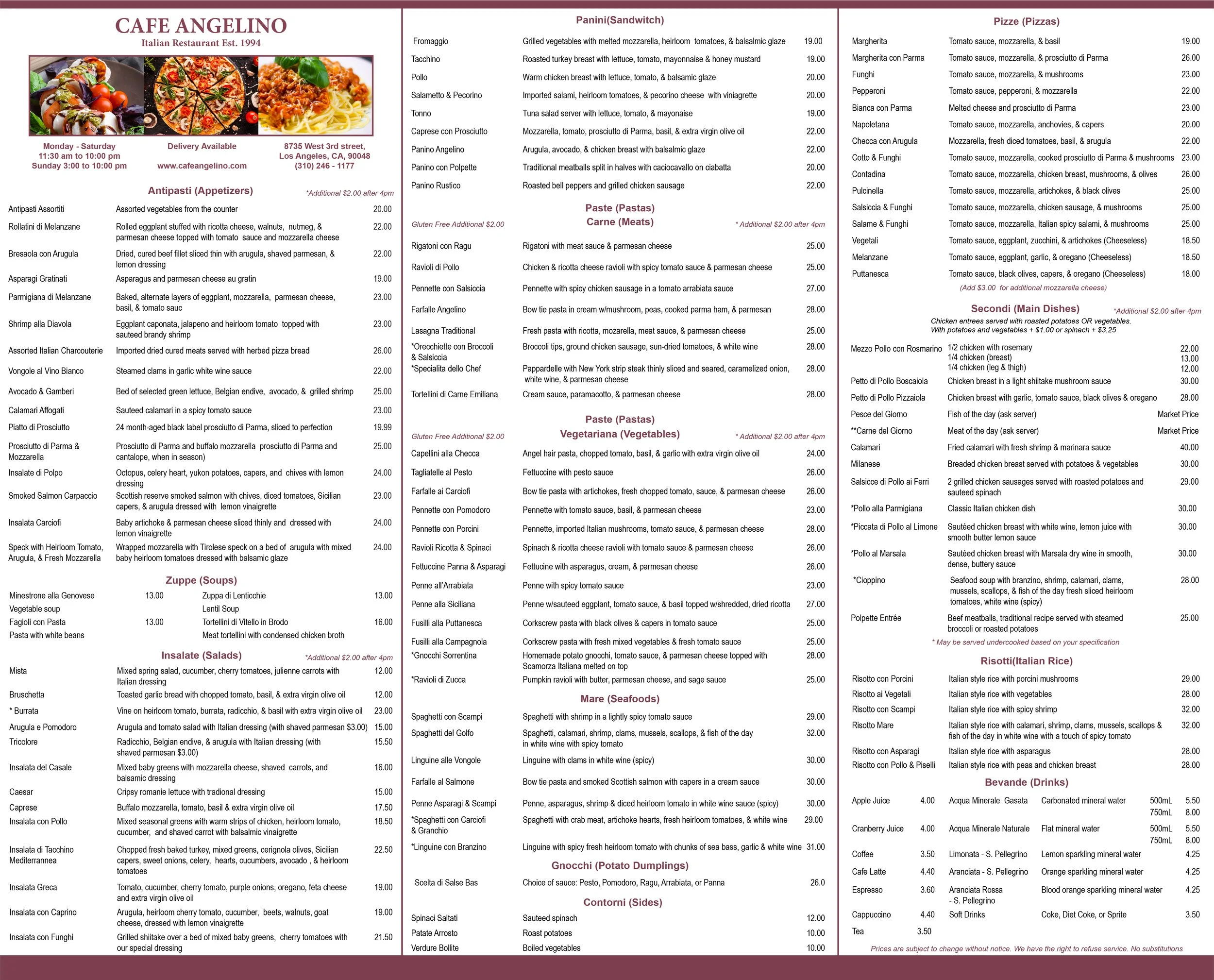 Menu Italian Food In Los Angeles Cafe Angelino Italian Restaurant