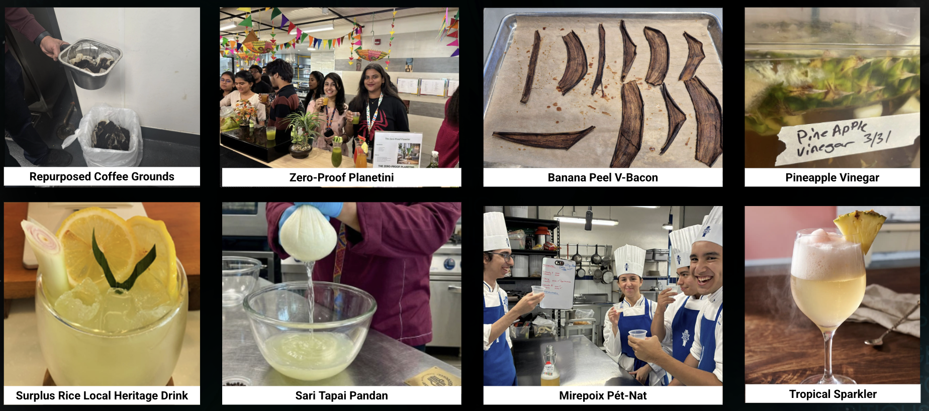 Examples of reusing ingredients that typically go to waste, including banana peels as bacon and pineapple peel going into vinegar