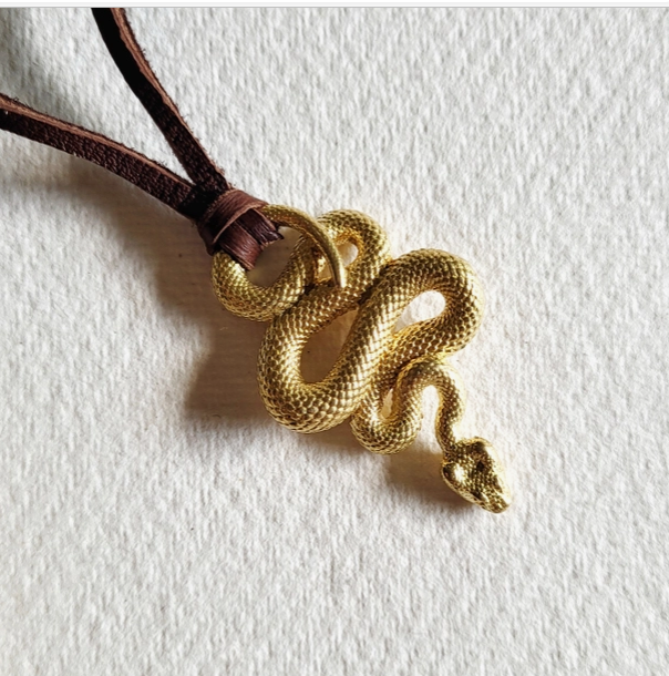 Brass Snake Serpent on Leather Necklace
