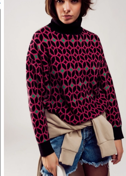 High Neck Jumper in Geo Pattern in 2 Colors