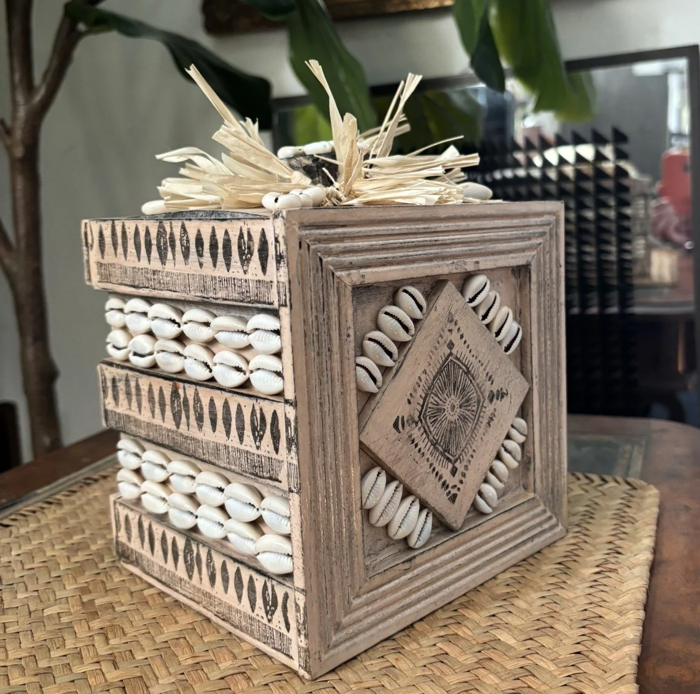 Recycled Raffia & Cowry Shell Box