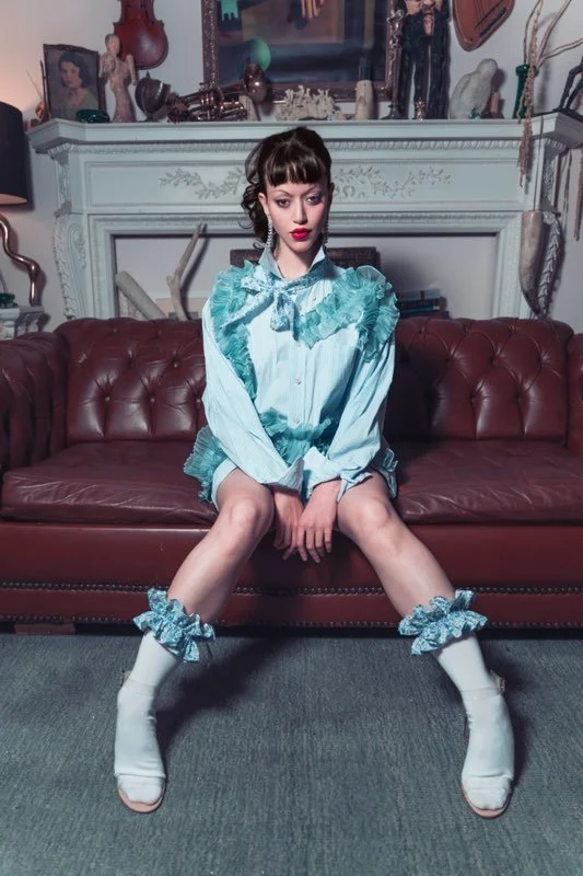 Pinstripe Organza Ruffle Button Down Shirt