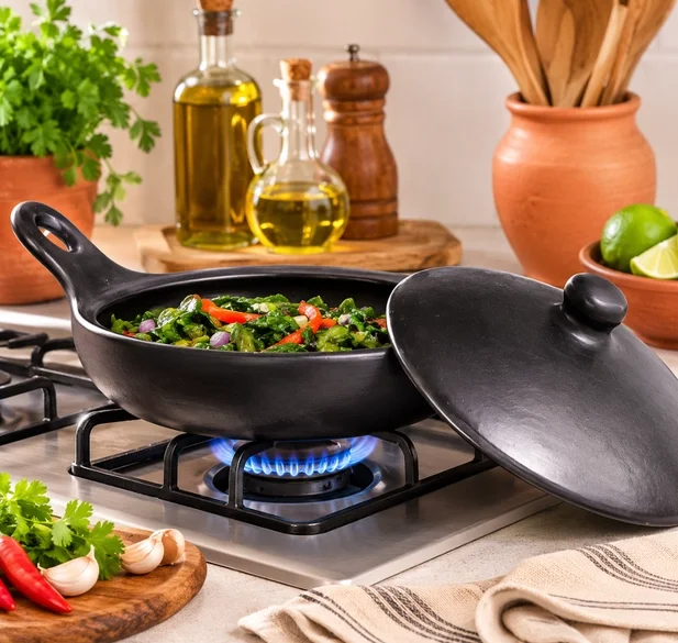 Black Clay Sauté' Pan With Lid 10"