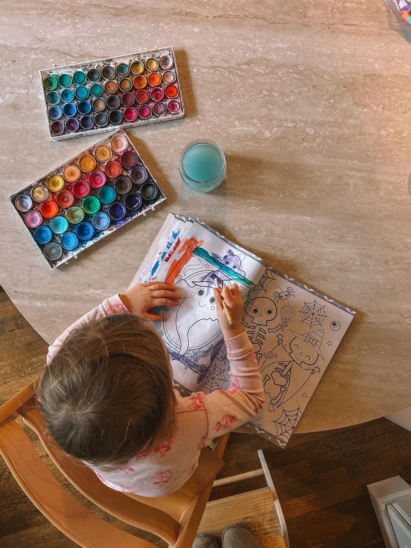 kiddos had the day off school yesterday 🙃 here are a few snippets of our morning together &mdash; watercolours, go fish card game, puzzles and more puzzles, free play, library visit and the books we brought home, and reya banging out some music.