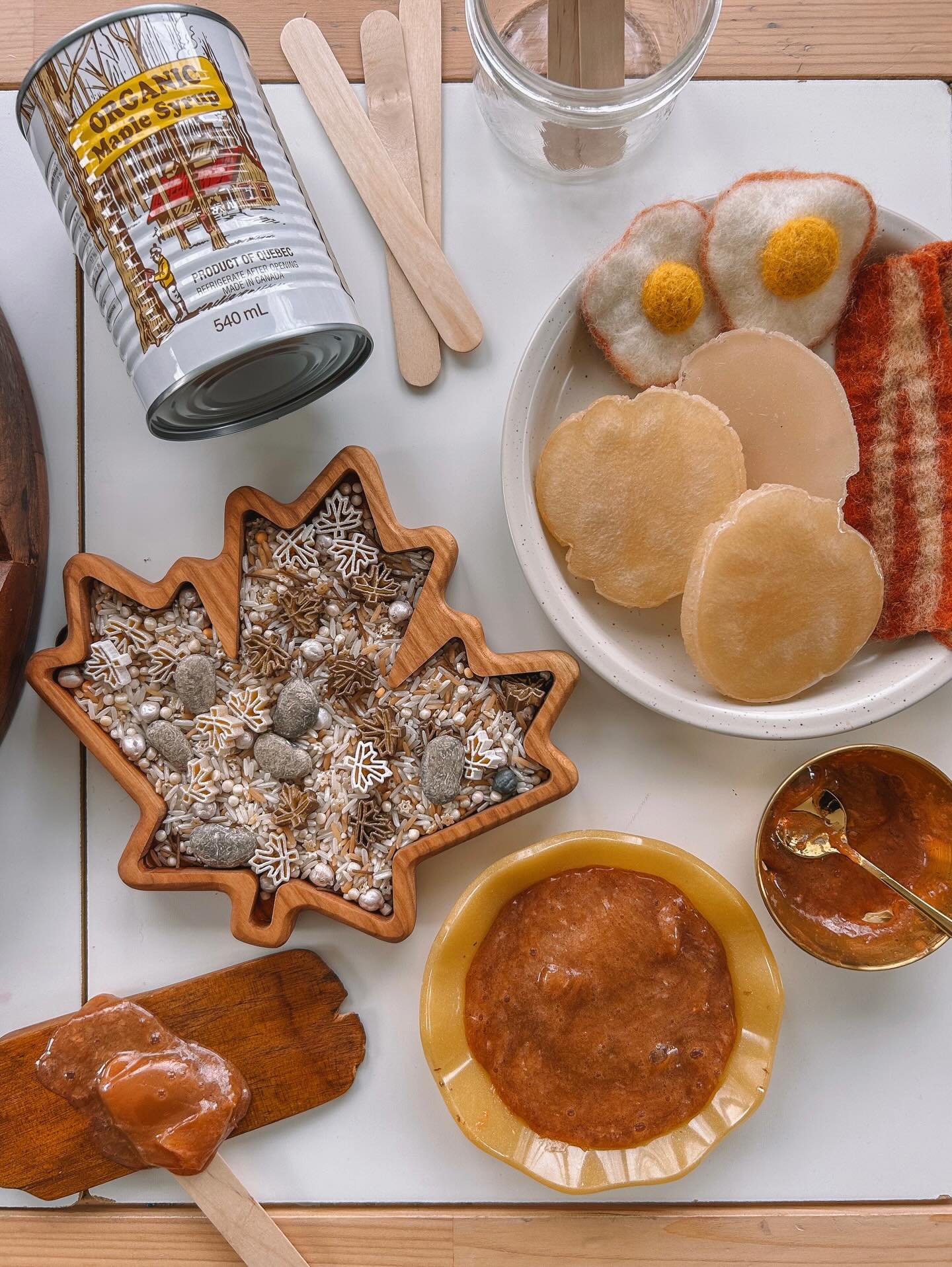 cabane &agrave; sucre (sugar shack) play 🍁 i was so excited to set this up for the kiddos because this time of year we love going to the cabane &agrave; sucre here in qu&eacute;bec. little dude&rsquo;s favourite part was using the slime for tire d&r