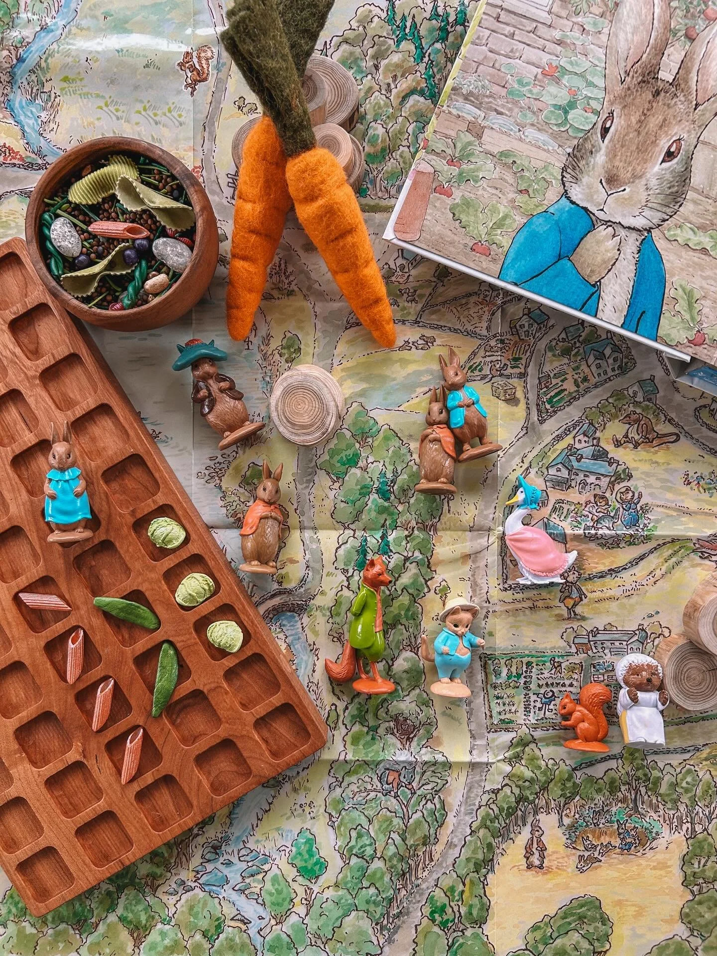 a quick peter rabbit set up for my little miss 🐰🥕🥬 💛

#playbasedlearning #learningthroughplay #invitationtoplay #smallworldplay #peterrabbit