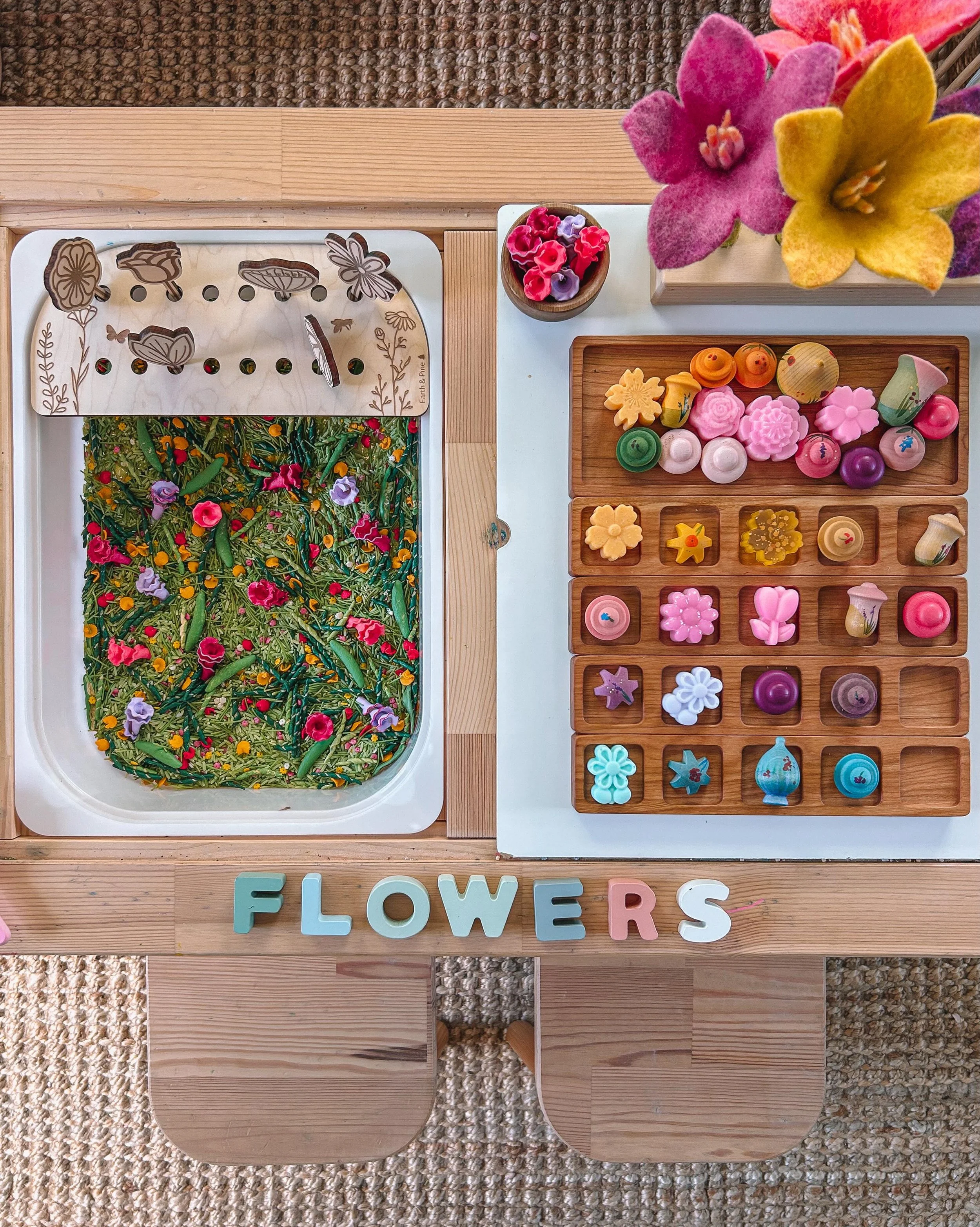 little miss is flower obsessed, so obviously i had to put together a little flower play for her 🌷🌻🪻she spent all afternoon making her flower garden, sorting her flowers by colours, then size, then by favorites, and she even brought in her felt bee