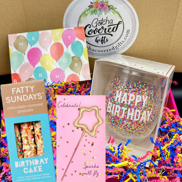 Happy Birthday Slant Jumbo Wine Glass, Fatty Sundays Birthday Cake, Top Malibu Celebrate Sparkler