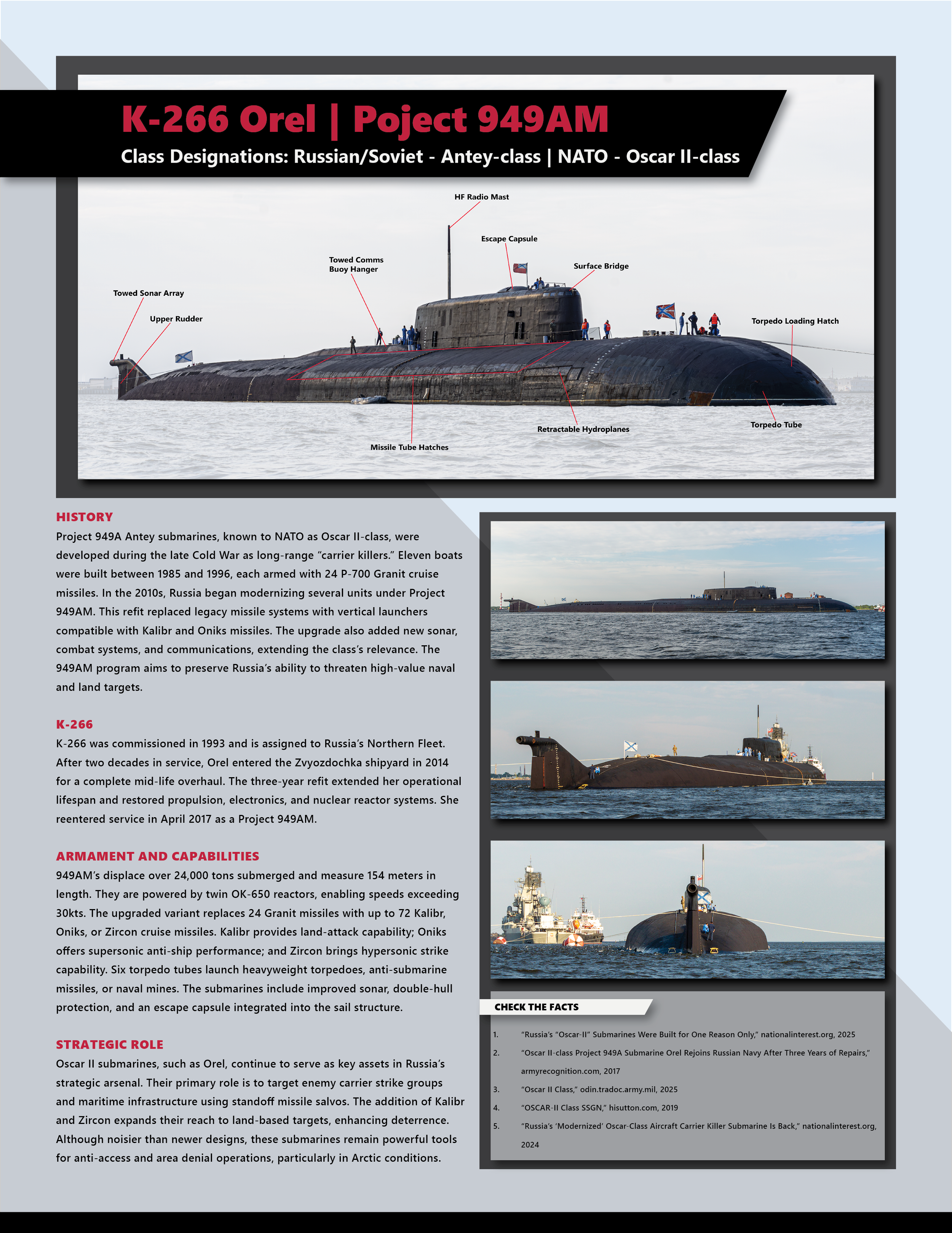 Project 949AM “Orel” Nuclear-Powered Cruise Missile Submarine – Fact Sheet.
This fact sheet profiles the Russian Navy’s K-266 Orel, a nuclear-powered guided missile submarine (SSGN) of the Project 949AM / Oscar II-class, highlighting its strategic ro