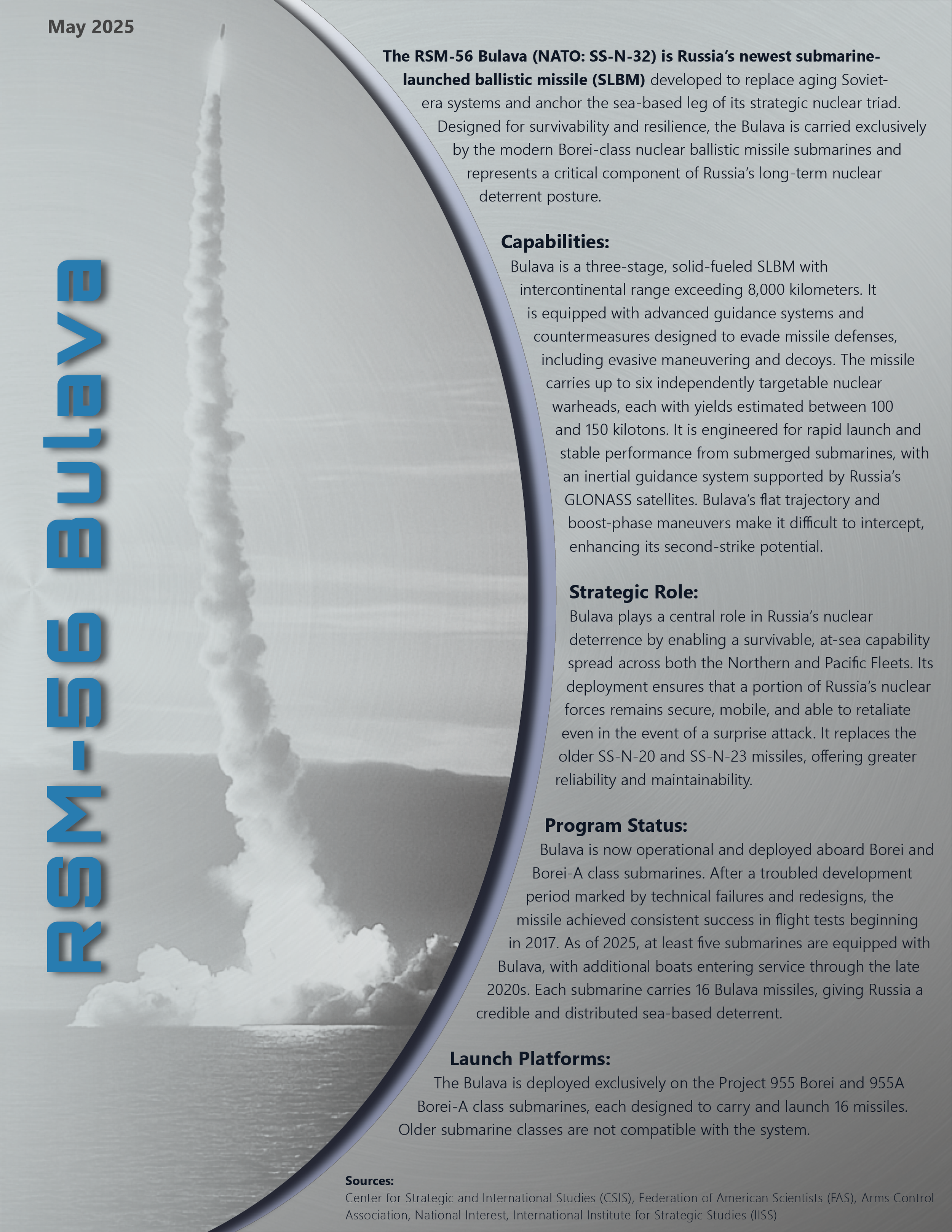 RSM-56 Bulava: Russian Submarine-Launched Ballistic Missile – Fact Sheet
This fact sheet provides a detailed overview of the RSM-56 Bulava, Russia’s latest-generation submarine-launched ballistic missile (SLBM). The graphic outlines its technical cap