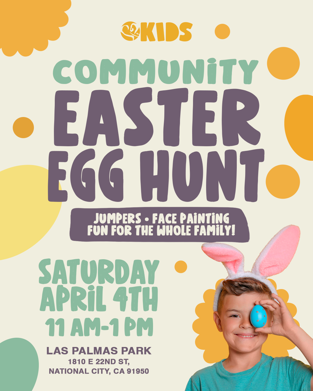 Easter Egg Hunt event flyer featuring a young boy with bunny ears holding a blue egg, colorful circles, and event details in playful font.