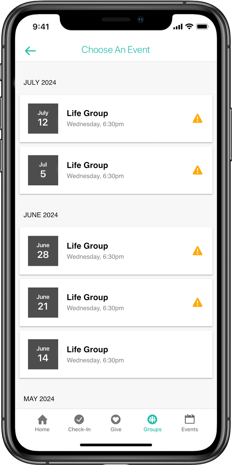 Mobile app screen showing a schedule of upcoming 'Life Group' events on Wednesdays at 6:30 pm for July, June, and May 2024, with warning icons indicating alerts for each event.