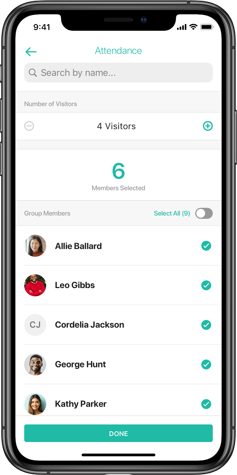 Smartphone screen displaying an attendance management app with the number of visitors, selected members, and profile pictures of six group members, including Allie Ballard, Leo Gibbs, Cordelia Jackson, George Hunt, Kathy Parker, and a section for selecting all nine members.